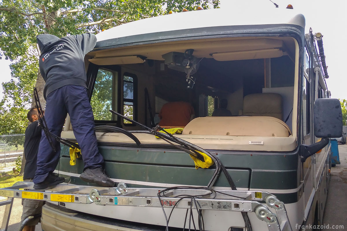 Motorhome windshiled taken out, outside view drivers side